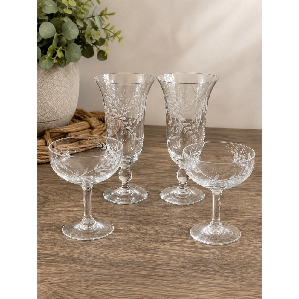 Vintage‎ Etched Glass Stemware Set 4 Floral Leaf Goblets and Champagne Coupes